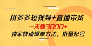 拼多多短视频+直播带货,一天赚3000+独家快速爆单方法,批量起号-司马网创基地