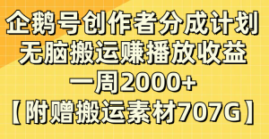 企鹅号创作者分成计划，无脑搬运赚播放收益，一周2000+【附赠无水印直接搬运