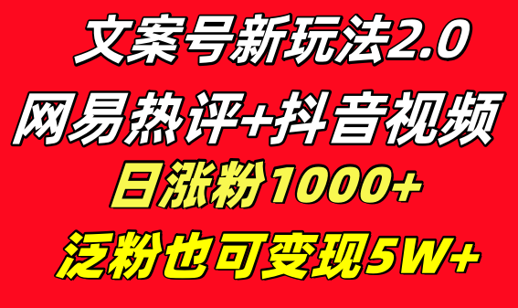 文案号新玩法 网易热评+抖音文案 一天涨粉1000+ 多种变现模式 泛粉也可变现-司马网创基地