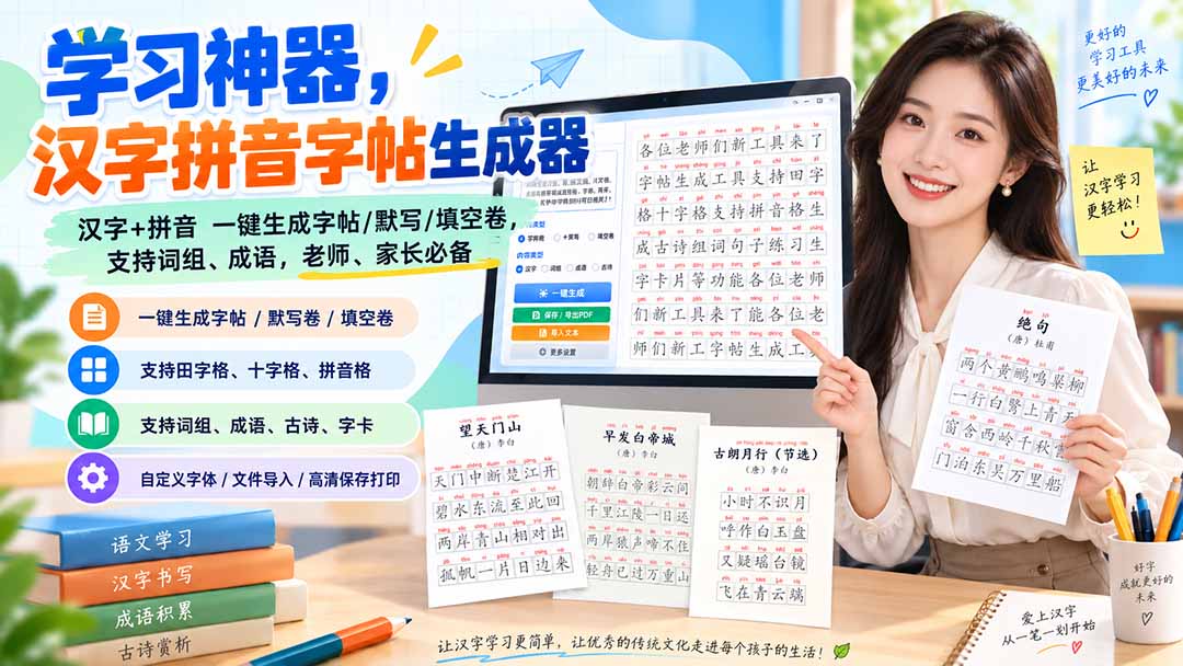 【2026.09.07】汉字拼音字帖生成器：一键生成字帖、默写卷、填空卷，支持词组与成语，老师家长必备的学习神器！