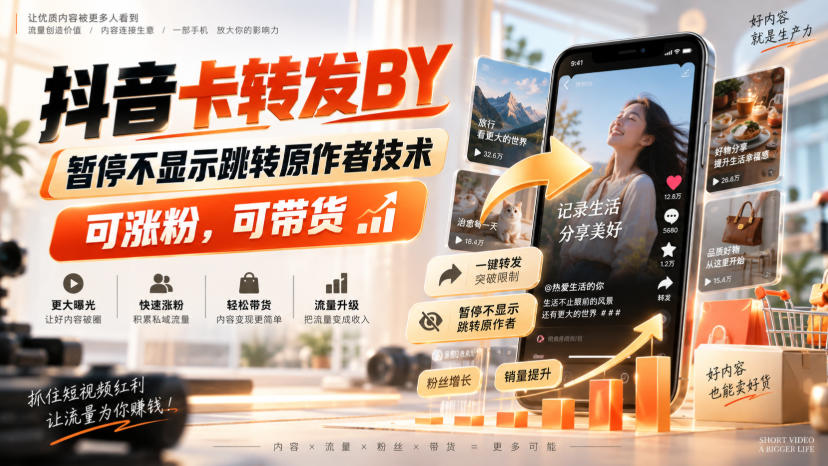 【2026.09.09】抖音卡转发搬运黑科技，一键暂停跳转原作者，轻松涨粉带货两不误！