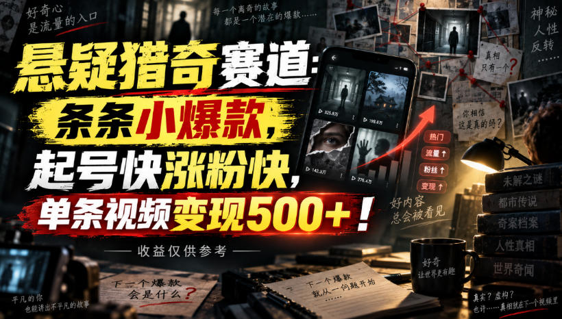 【2026.09.12】悬疑猎奇新风口：条条爆款，极速起号涨粉，单条视频收益500+，实测数据供参考！