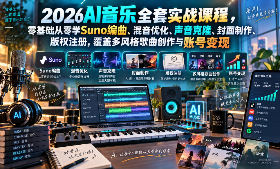 【2026.09.19】零基础AI音乐实战课：Suno编曲混音、声音克隆与版权注册，多风格创作到账号变现全攻略-司马网创基地