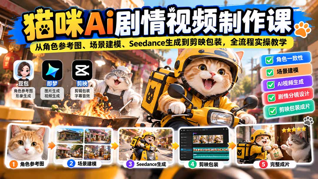 【2026.10.03】猫咪AI剧情视频全流程实战课：角色参考图、场景建模、Seedance生成与剪映包装一站式掌握