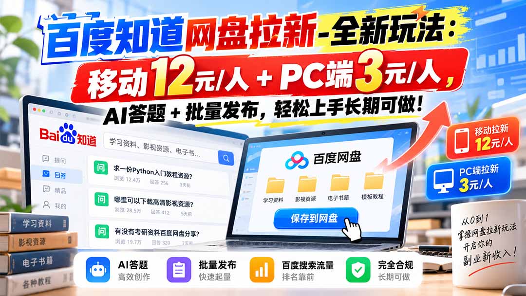 【2026.10.03】百度网盘拉新新玩法揭秘：移动端12元/人+PC端3元/人，AI答题+批量发布，轻松操作长期稳定赚钱！
