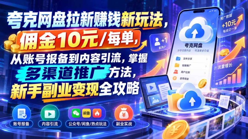 夸克网盘拉新赚钱新玩法佣金10元/每单,新手副业变现全攻略-司马网创基地