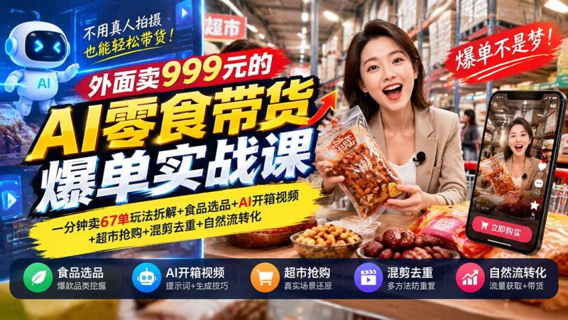 外面卖999元的AI零食带货爆单实战课-司马网创基地