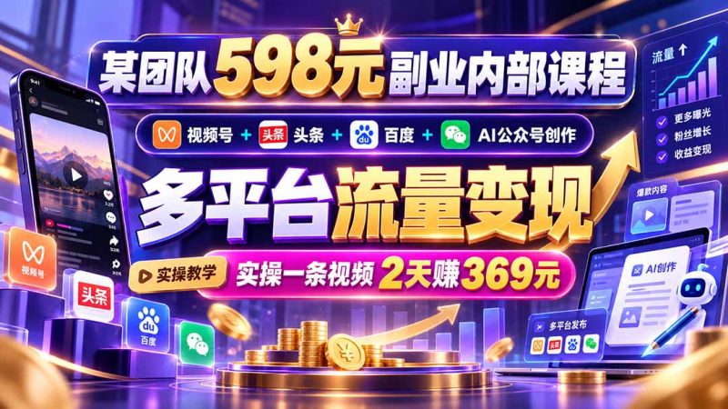 某团队598元副业课程：视频号+头条+百度+AI公众号多平台流量变现-司马网创基地
